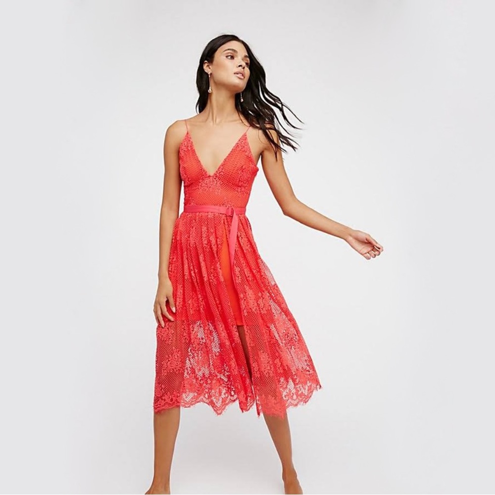 Free People Matchpoint Midi Lace Dress in Watermelon (Coral)
